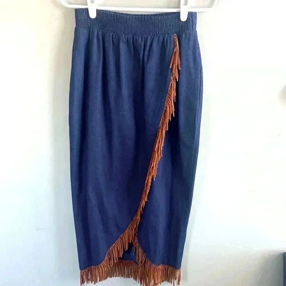 Vintage Denim and Suede fringe Midi/Maxi skirt size XS - Picture 1 of 4